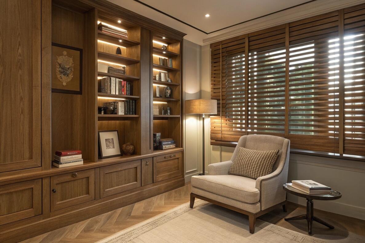 Elegant library with built-in shelves and dark wood Venetian blinds.