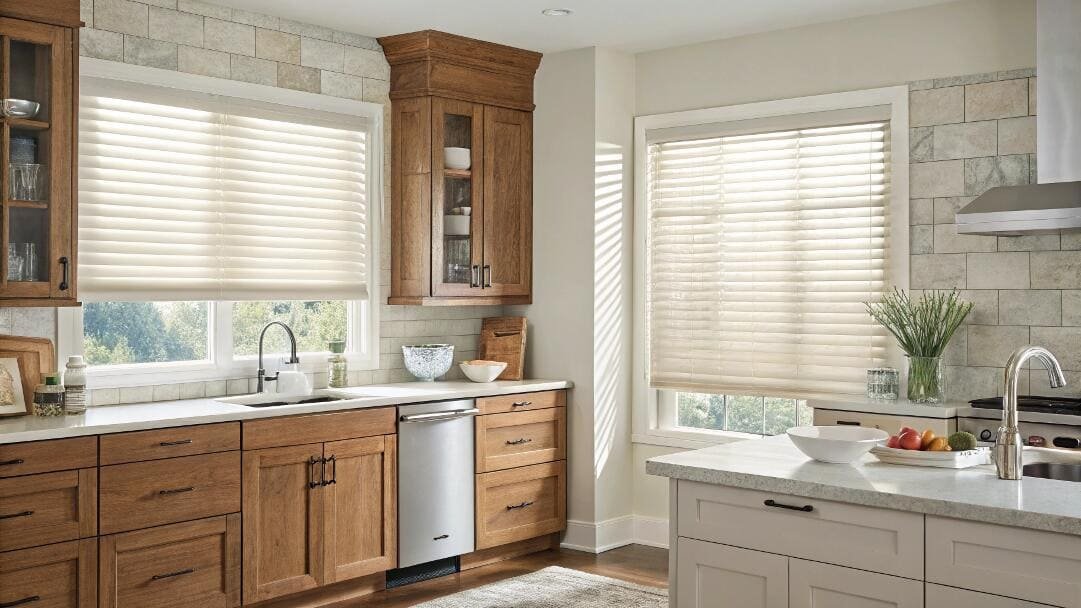 Bright kitchen with light beige horizontal blinds on two windows.