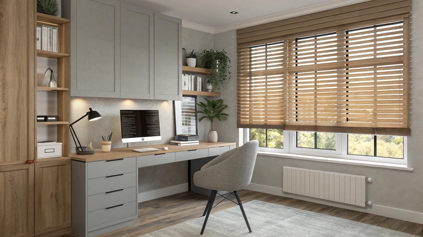 Modern home office with natural wood horizontal blinds.