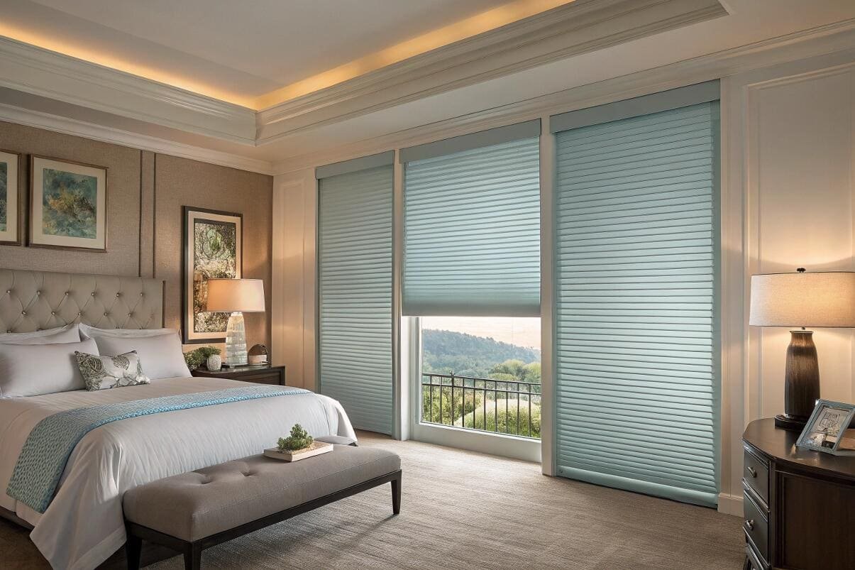 Bedroom with blue cellular shades offering a serene mountain view.