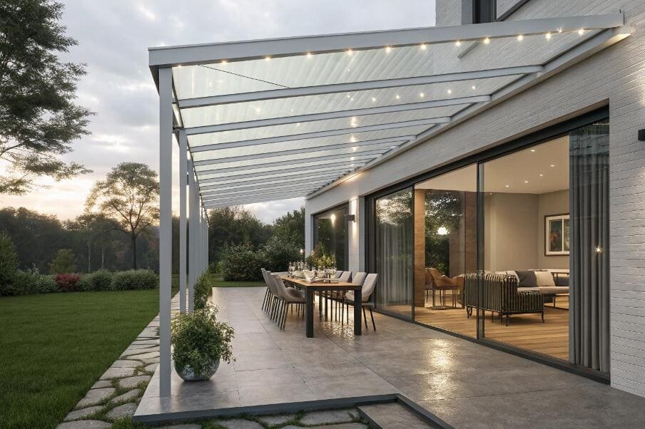 Sleek glass patio roof provides shade over an elegant outdoor dining area.