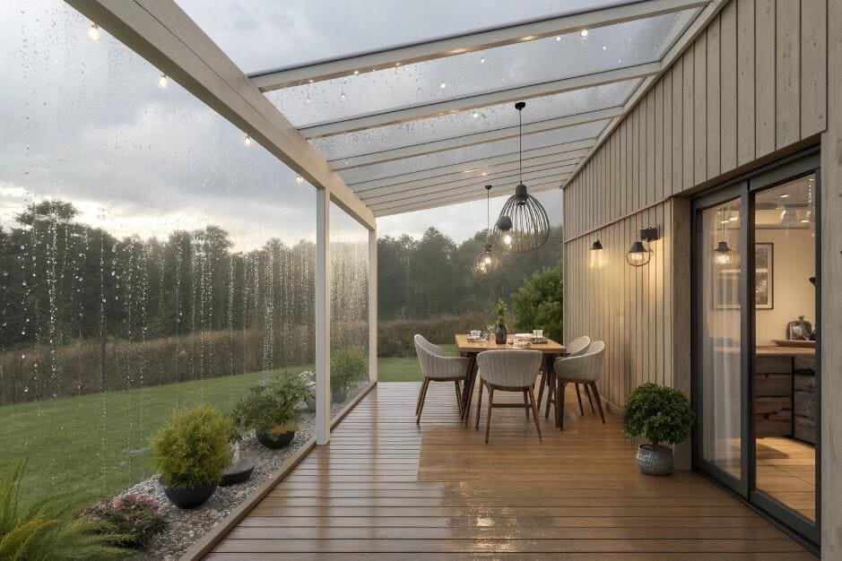 Modern outdoor patio setup with clear transparent vertical blinds/curtains on a rainy day.