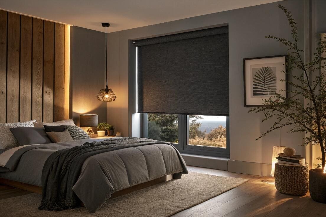 Cozy bedroom featuring a dark grey blackout roller blind for privacy.
