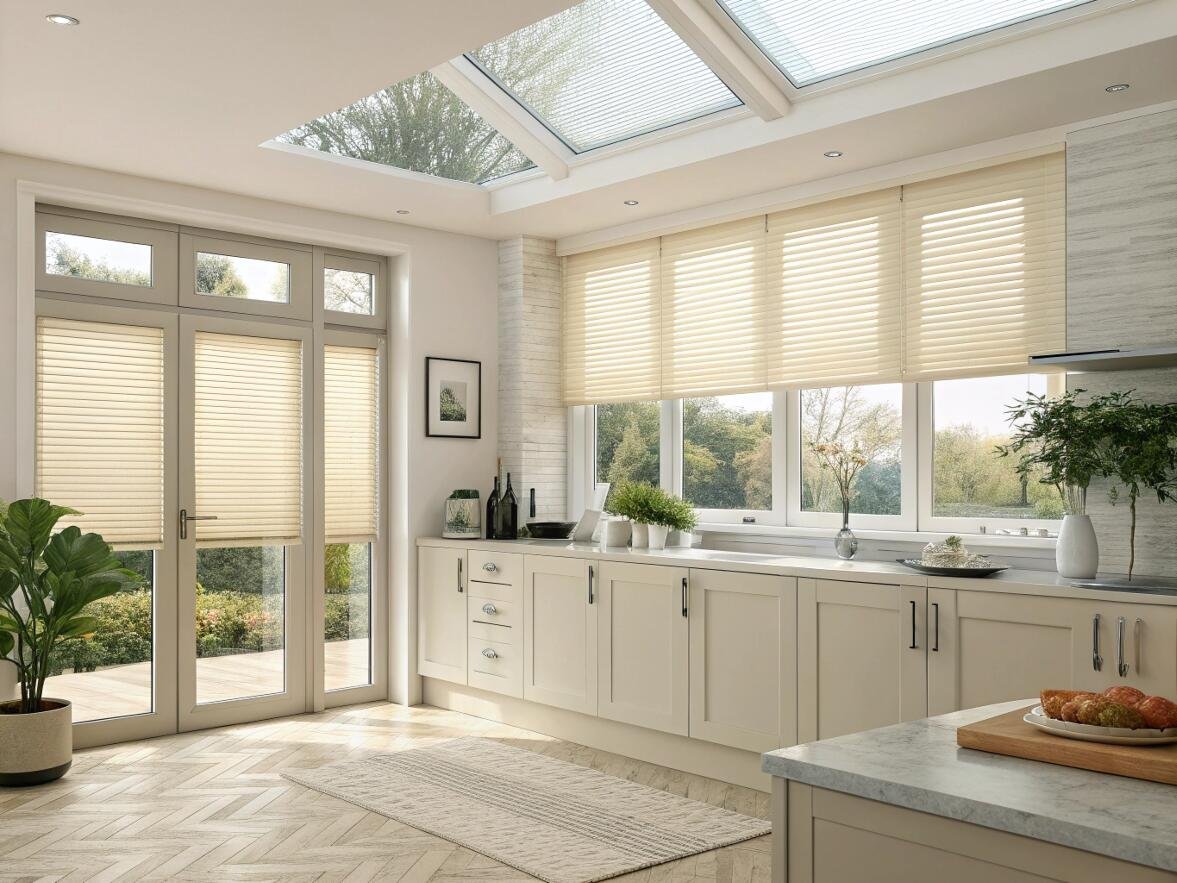 Cream pleated blinds on kitchen windows and skylight for sun control.