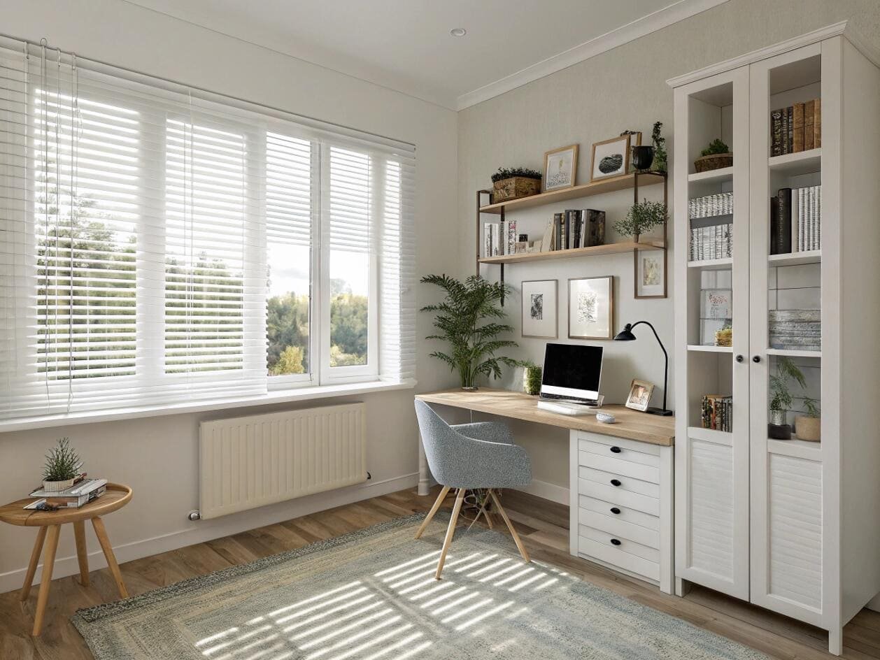 Bright home office featuring clean white venetian blinds on the window.