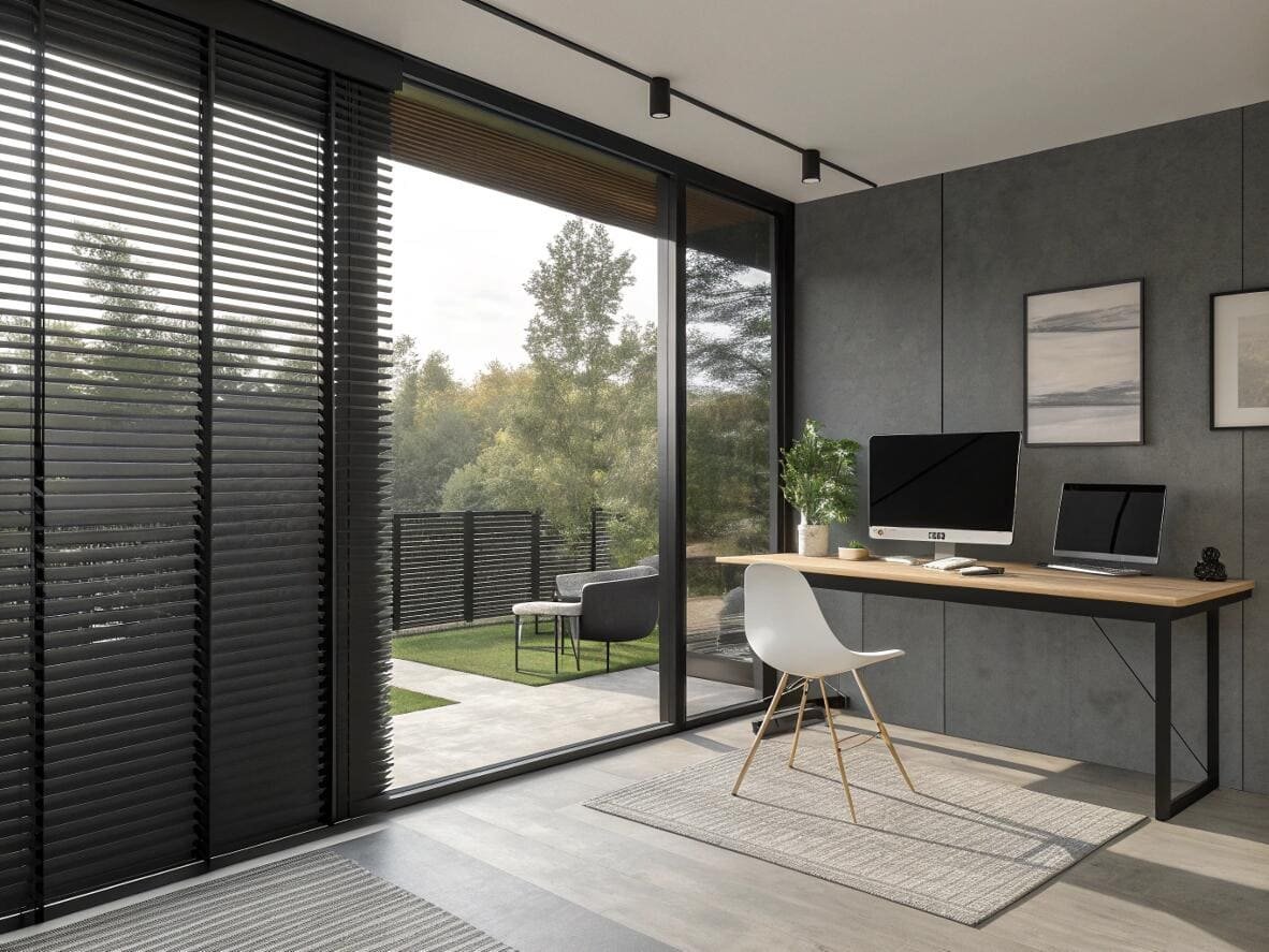 Sleek home office with black venetian blinds on floor-to-ceiling glass walls.