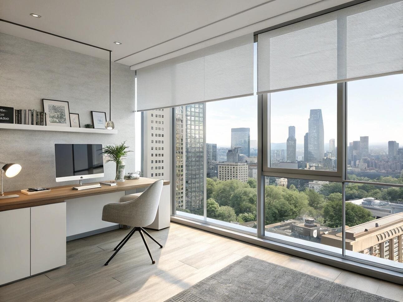 Modern home office with roller shades overlooking a beautiful city view.