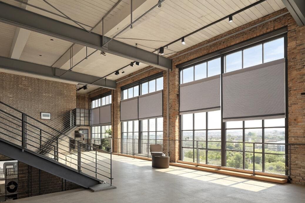 Industrial loft with motorized top-down roller shades on large two-story windows.