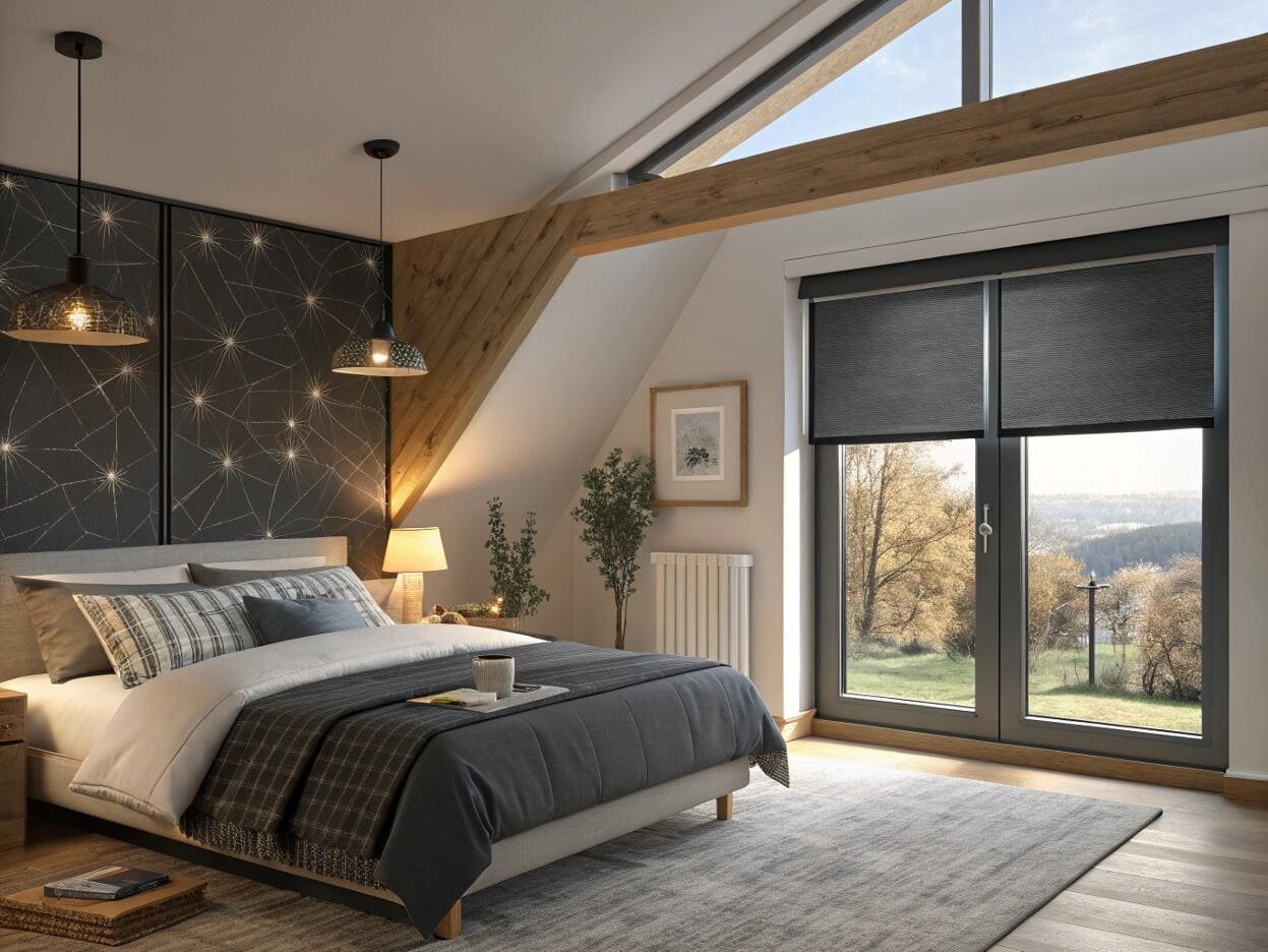 Attic bedroom with blackout roller shades on french doors for optimal sleep.
