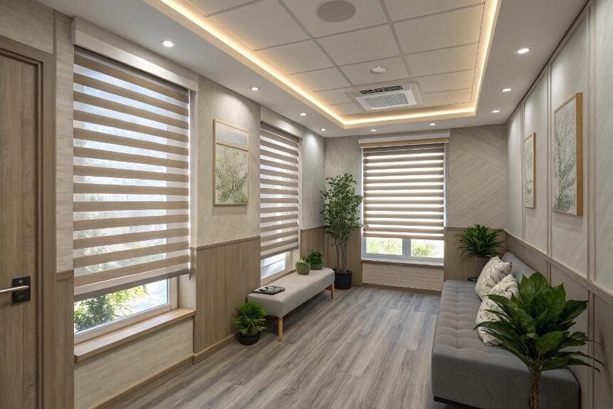 Inviting waiting room with warm lighting and stylish zebra blinds.
