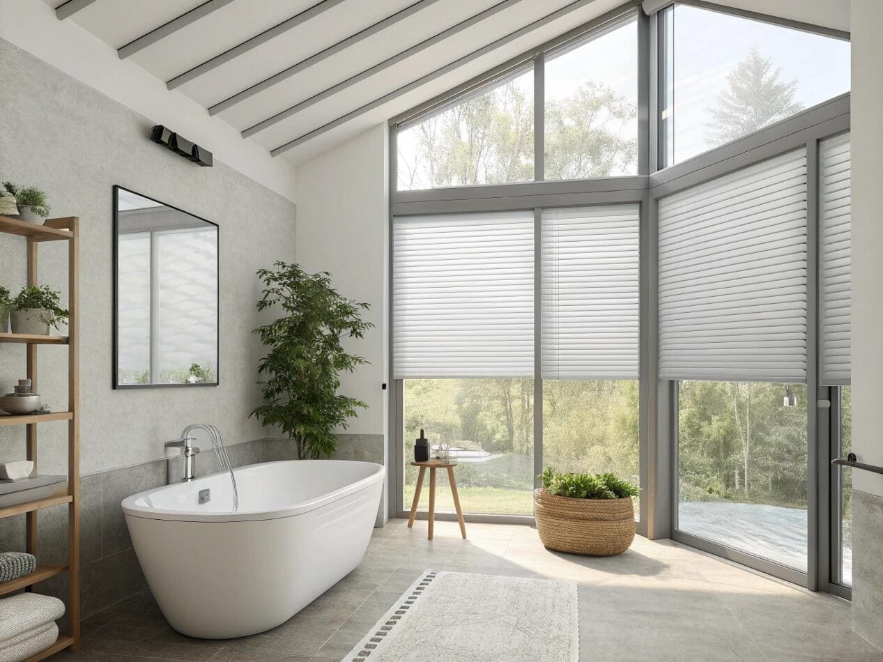 Modern bathroom with sheer cellular shades providing soft light and [moisture resistance](https://www.blindsgalore.com/purpose/moisture-resistant)[^5].