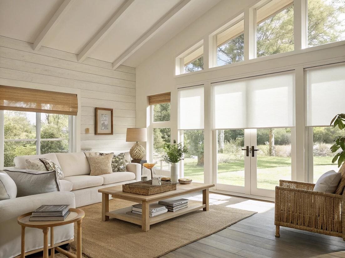 Casual living room with dual roller shades combining natural light with privacy.