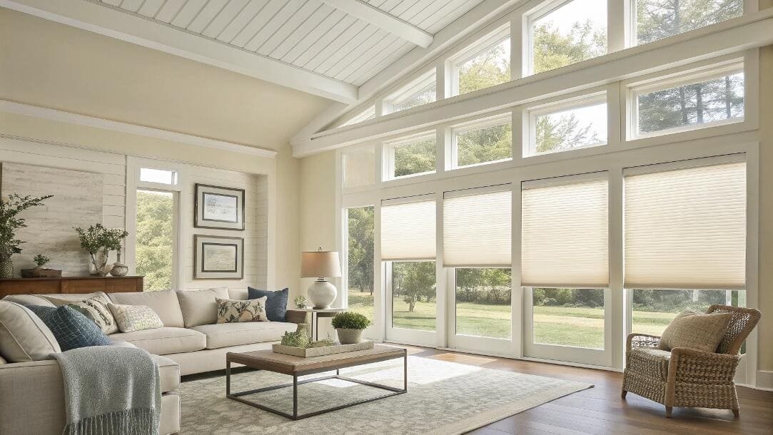 Bright living room with energy-efficient cellular shades and natural light.