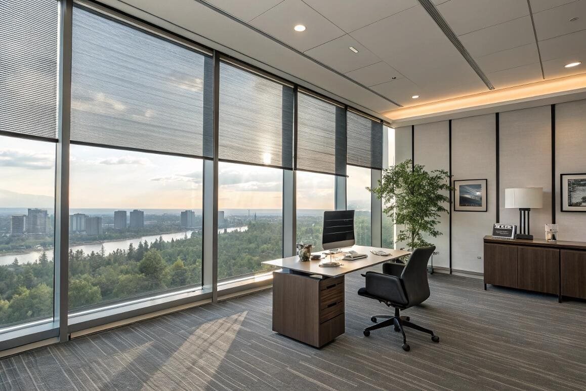 Executive office with solar shades offering glare control and a scenic view.