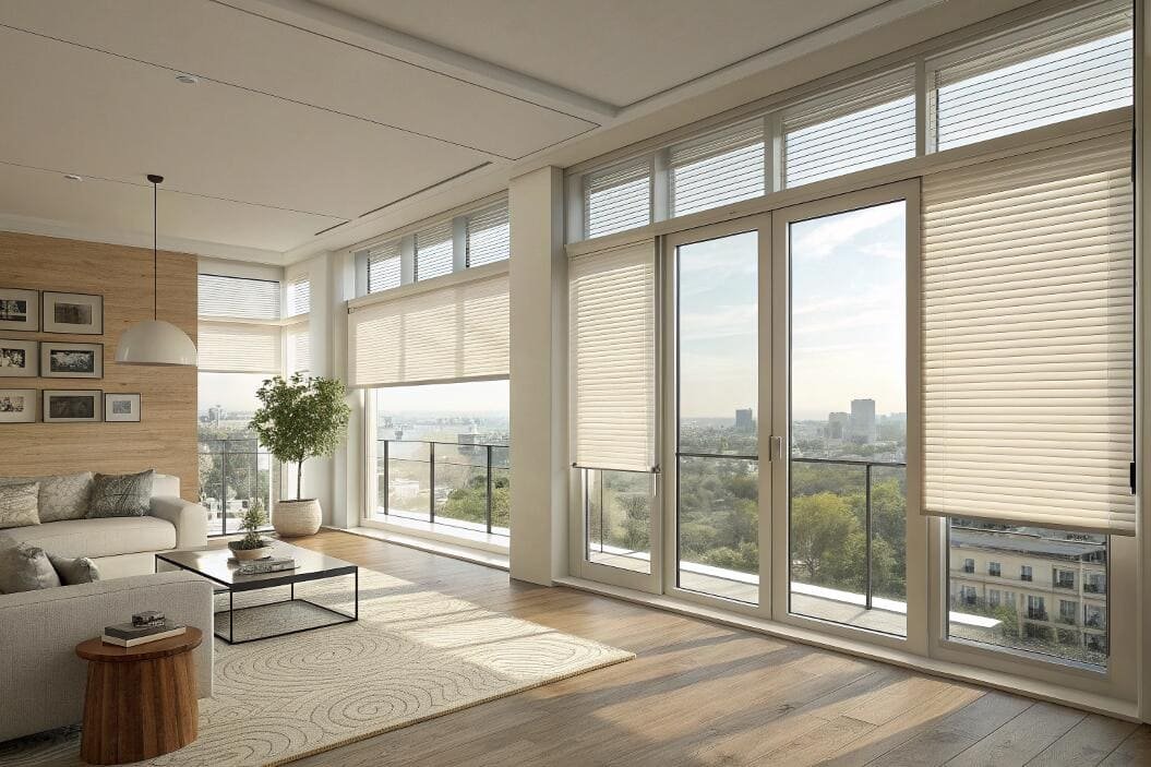 Modern living room featuring honeycomb shades and a cityscape backdrop.