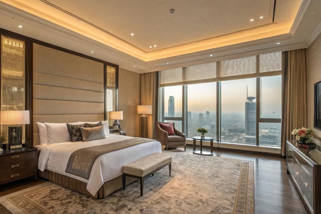 Luxurious bedroom featuring blackout shades for ultimate comfort.