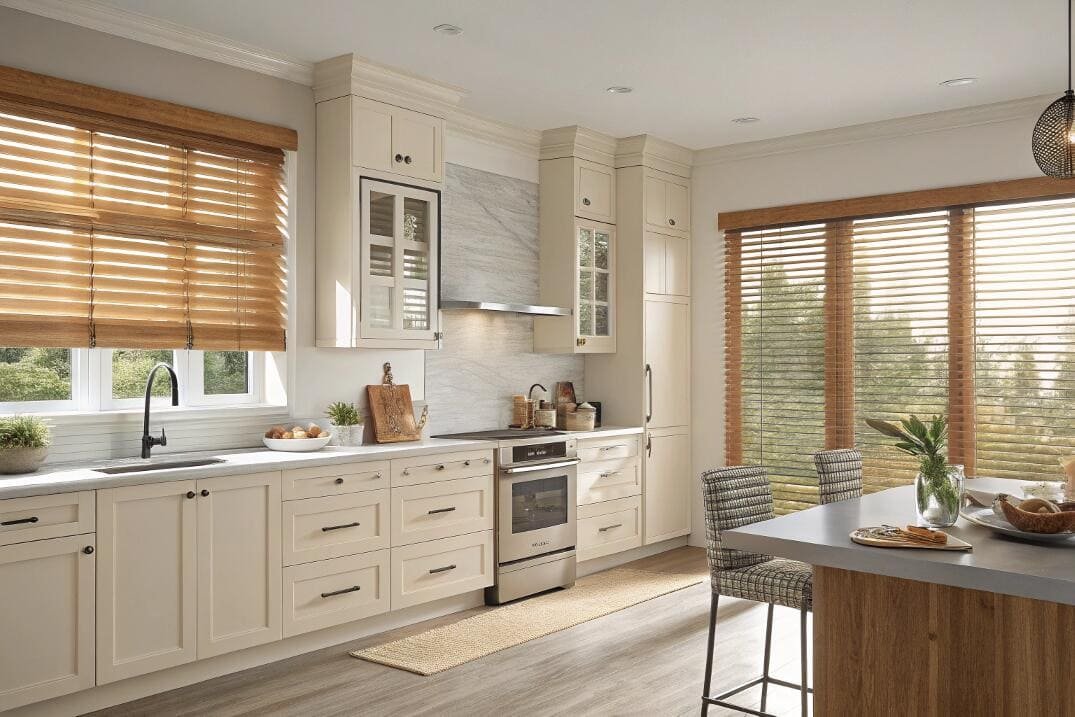 Modern kitchen featuring wooden blinds providing light control & privacy.
