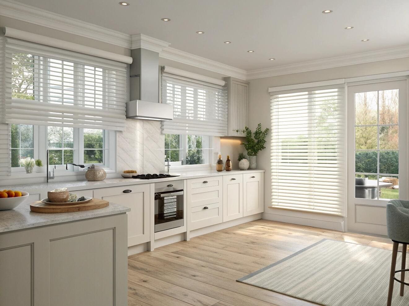 Bright kitchen featuring white wood blinds for privacy.