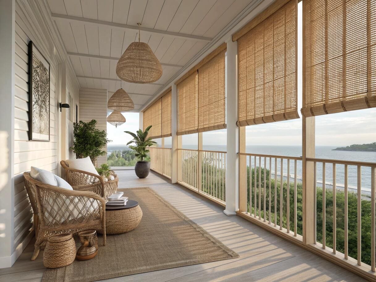 Coastal porch featuring outdoor woven roller shades with an ocean view.