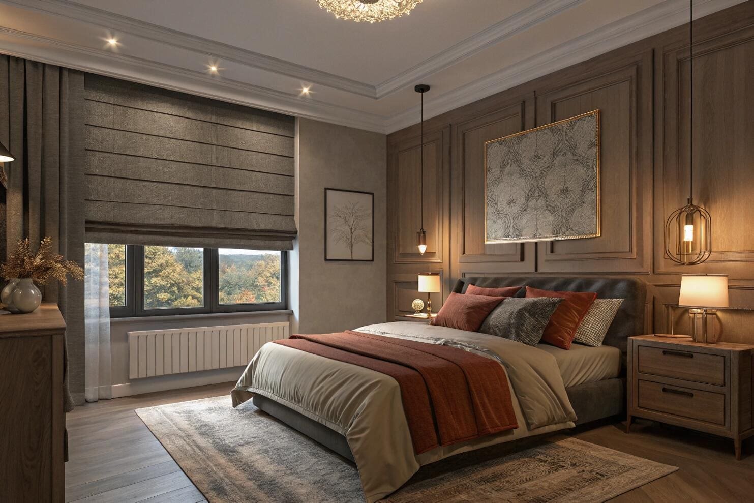 Elegant bedroom featuring dark, room-darkening Roman shades for total light control.