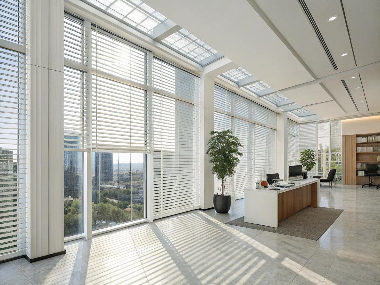 Spacious modern office with motorized venetian blinds on large floor-to-ceiling windows.