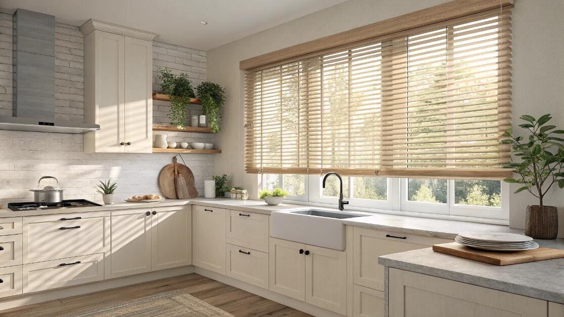 Bright kitchen with cream cabinetry and light wood horizontal blinds.