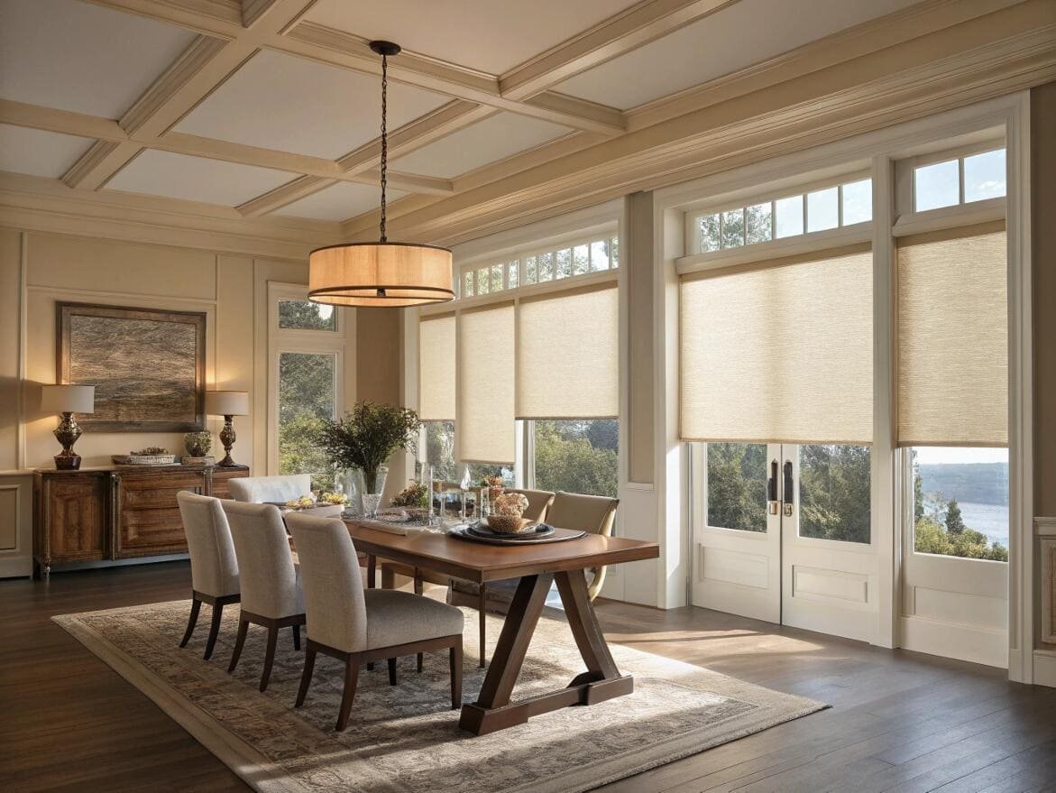 Traditional dining room with light-filtering roller shades for a warm, inviting ambiance.