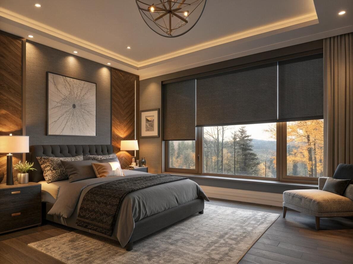 Luxury bedroom with motorized blackout roller shades for optimal sleep and privacy.