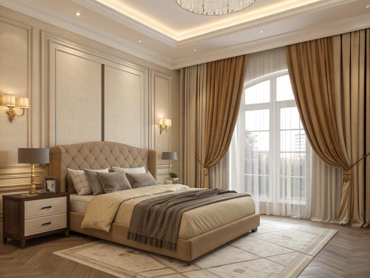 Luxurious classic bedroom with layered blackout curtains for elegant light control.