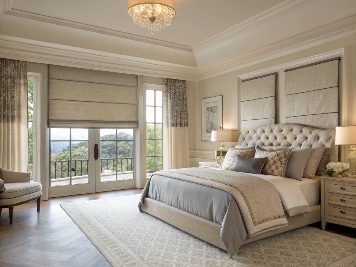 Elegant bedroom with layered Roman shades and drapes on French doors.