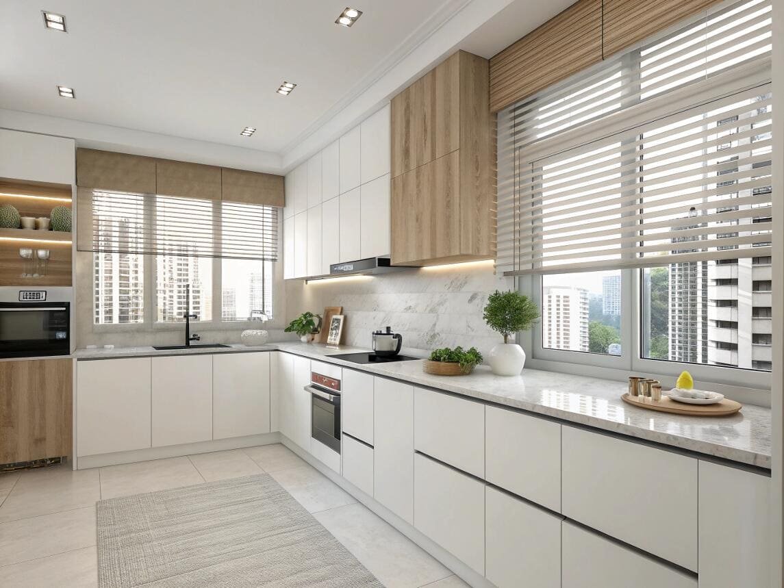 Bright urban kitchen featuring light-filtering Venetian blinds for a clean, modern look.