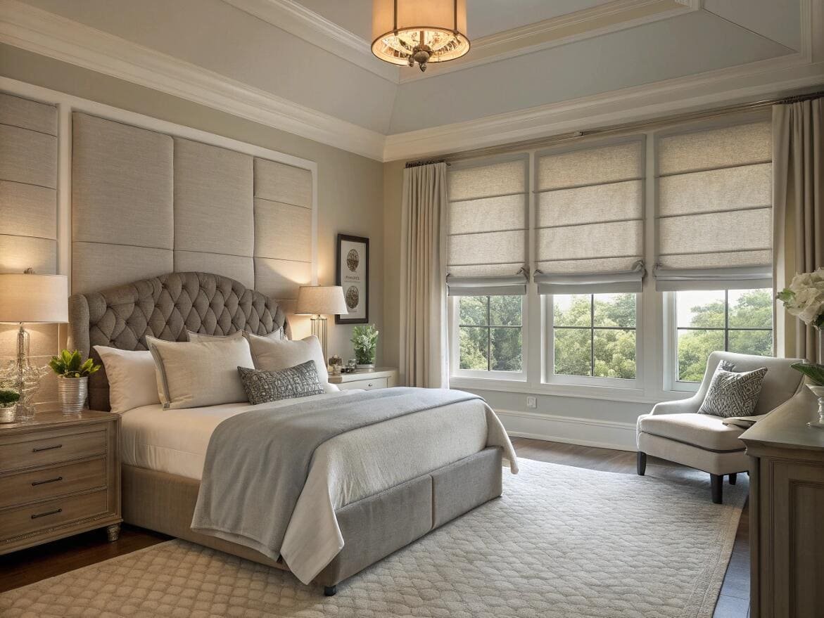 Luxurious master bedroom with grey flat Roman shades for a contemporary, soft look.