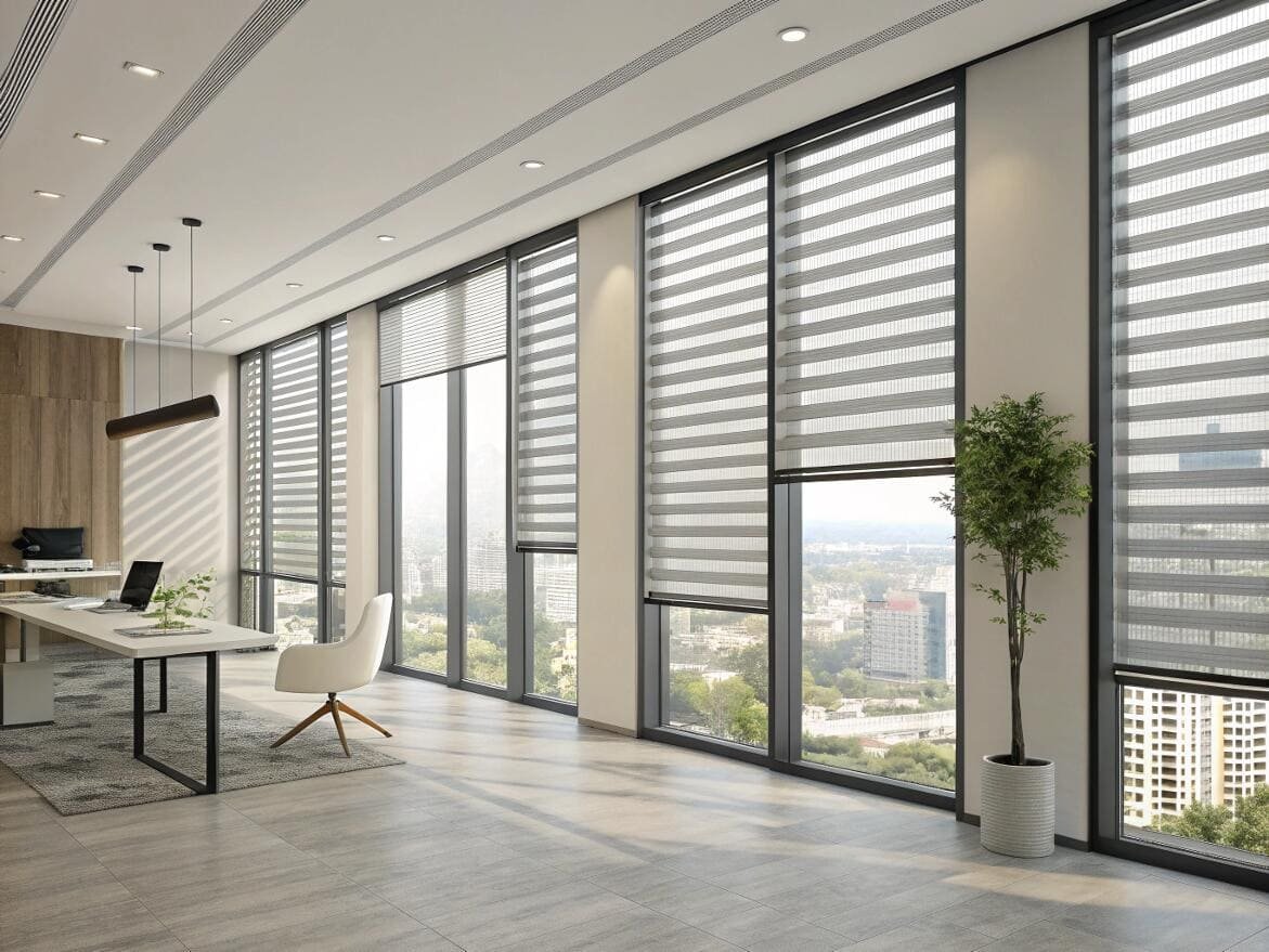 Modern high-rise office with sleek dual roller shades for commercial window projects.