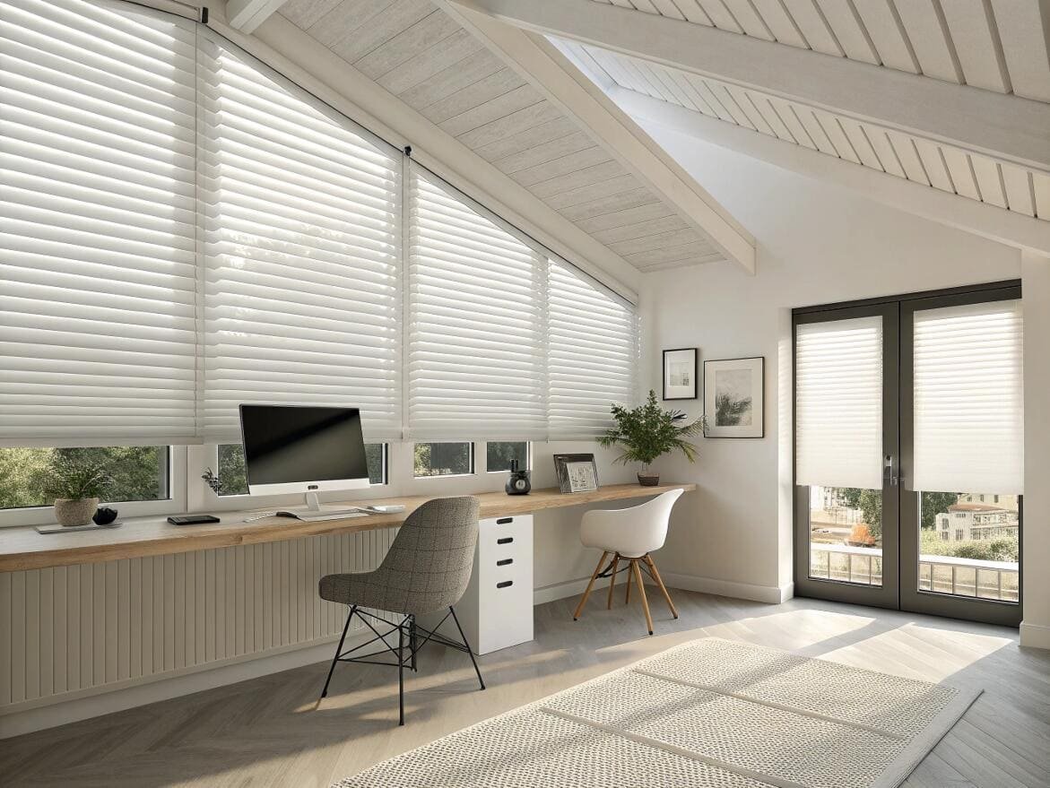 Bright attic home office with white faux wood blinds and cellular shades.