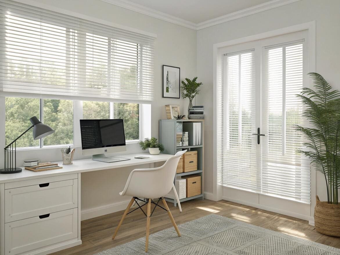 Bright, minimalist home office with classic white faux wood blinds for optimal lighting.