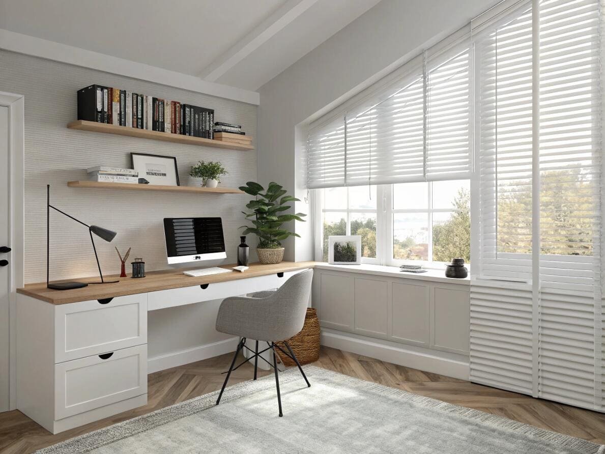 Bright attic home office with custom-fit white faux wood blinds on angled windows.
