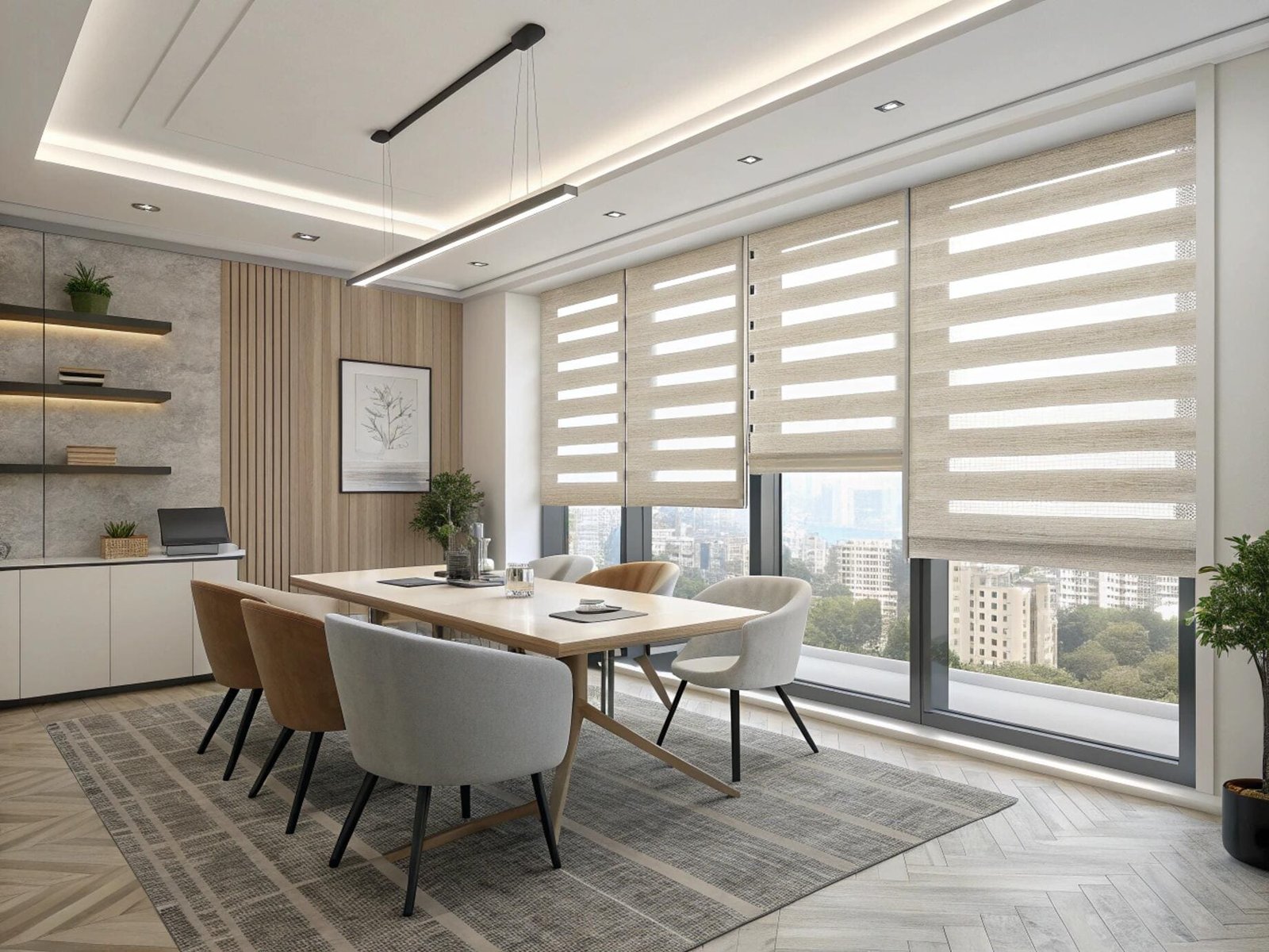 Modern office with light-filtering dual shades for bright, productive meetings.
