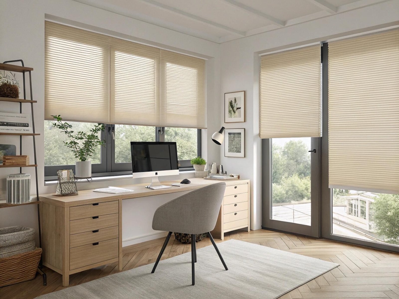 Modern home office featuring beige cordless cellular shades for a clean, productive workspace.