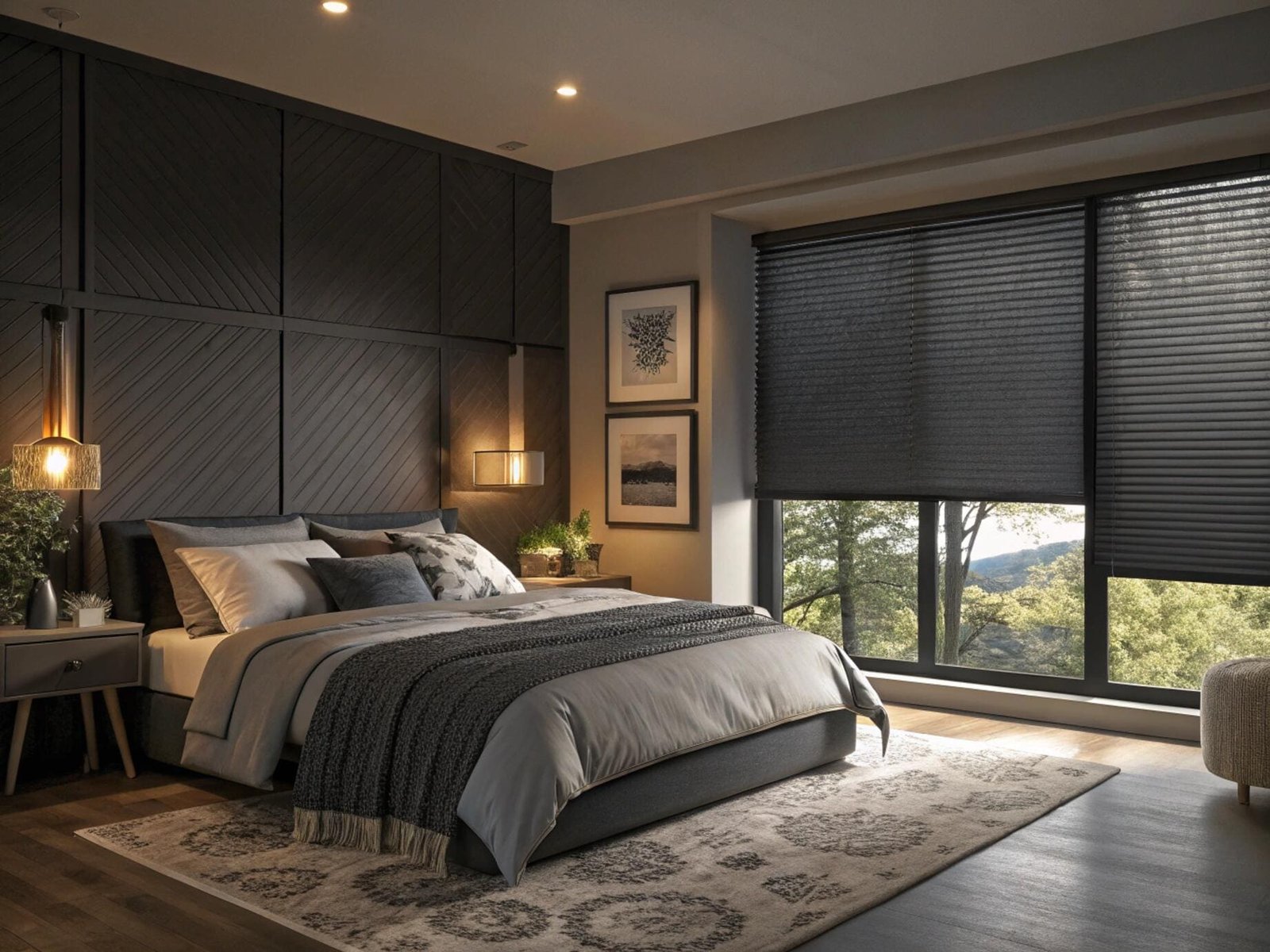 Tranquil, modern bedroom with dark, energy-efficient blackout cellular shades for superior light control.