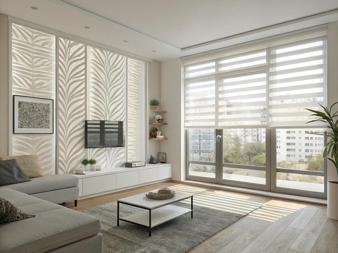 Minimalist white living room with a patterned accent wall and sheer zebra shades.