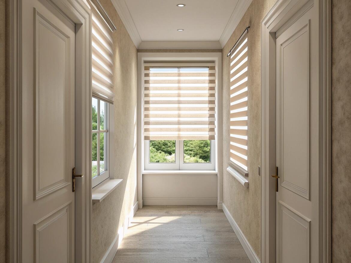 A sunlit hallway featuring elegant beige zebra shades for a warm, welcoming entryway.