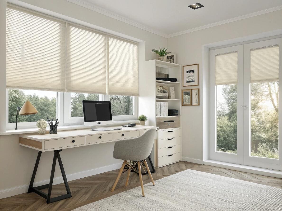 Bright and clean home office with light-filtering cellular shades for a focused workspace.