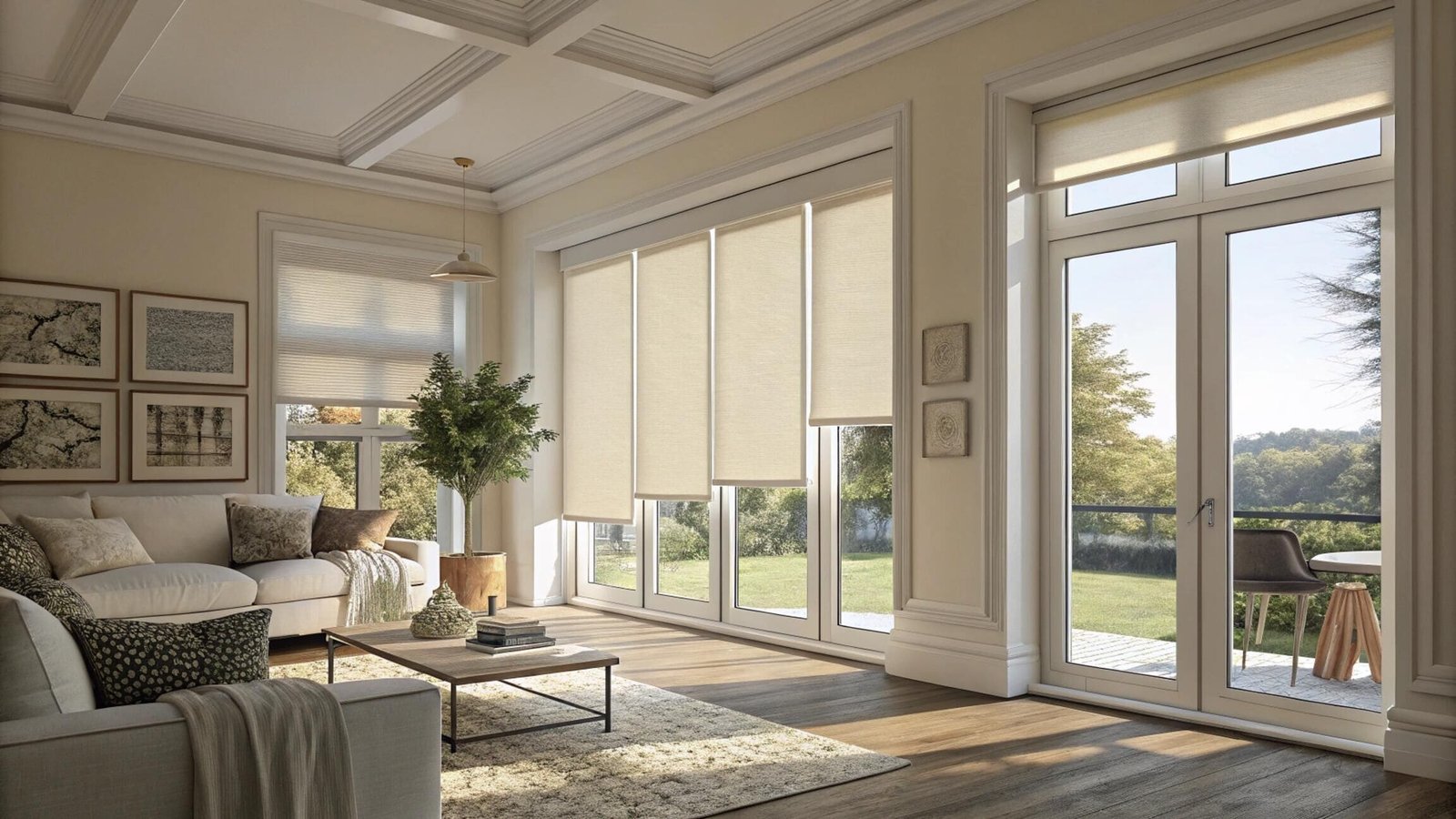 Elegant living room with beige roller shades on large patio doors.