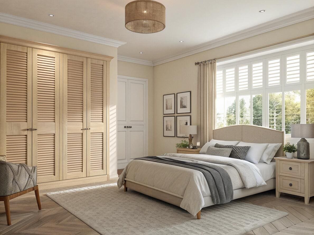 Serene, neutral-toned bedroom featuring classic white plantation shutters for a bright, airy feel.