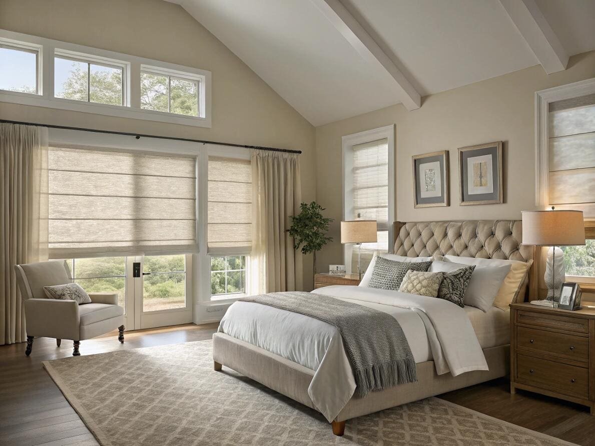 Classic bedroom with vaulted ceiling and elegant, light-filtering linen Roman shades.