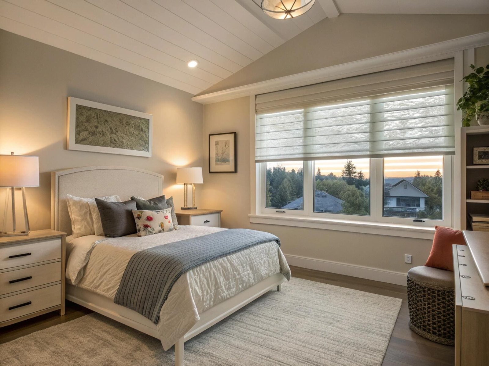 Cozy bedroom with a light-filtering white fabric Roman shade for a soft ambiance.