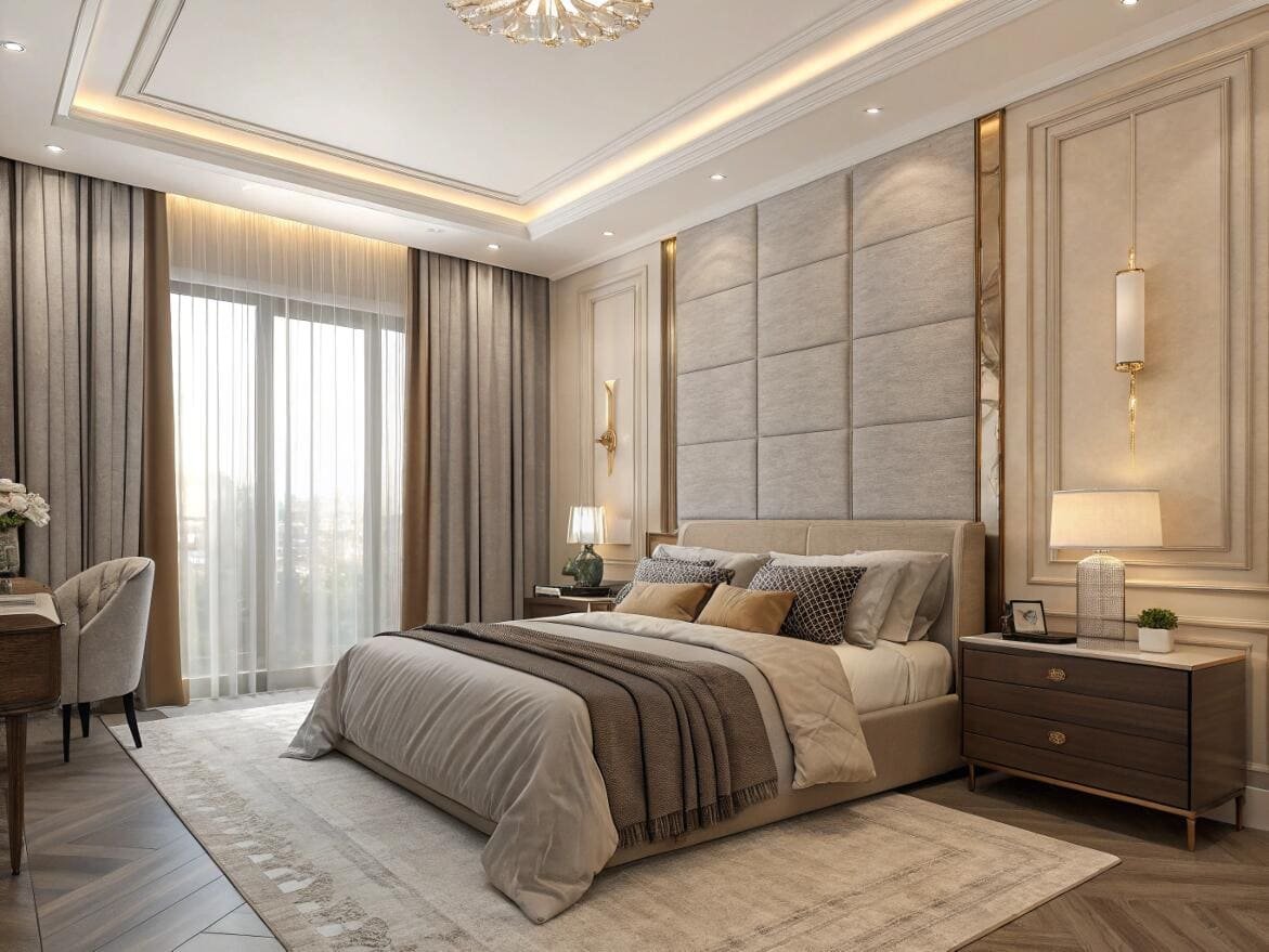 Luxurious bedroom with layered sheer and blackout curtains for high-end residential projects.