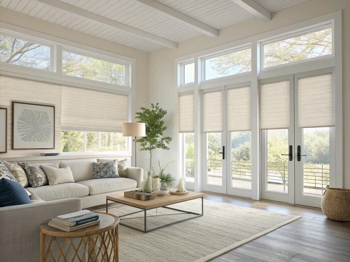 Sunlit living room with energy-efficient light-filtering cellular shades for windows and doors.