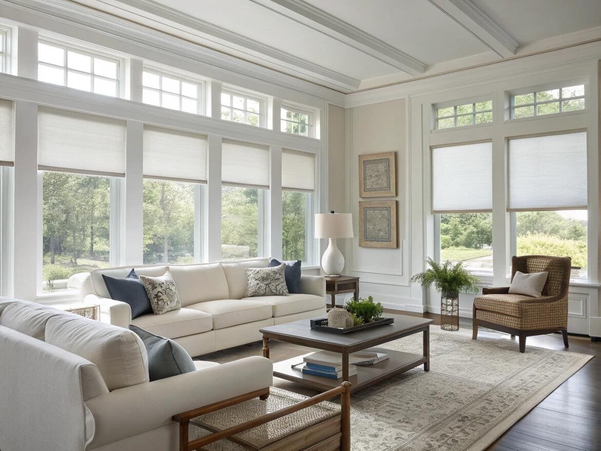 Bright living room with light-filtering cellular shades for excellent energy efficiency and light control.