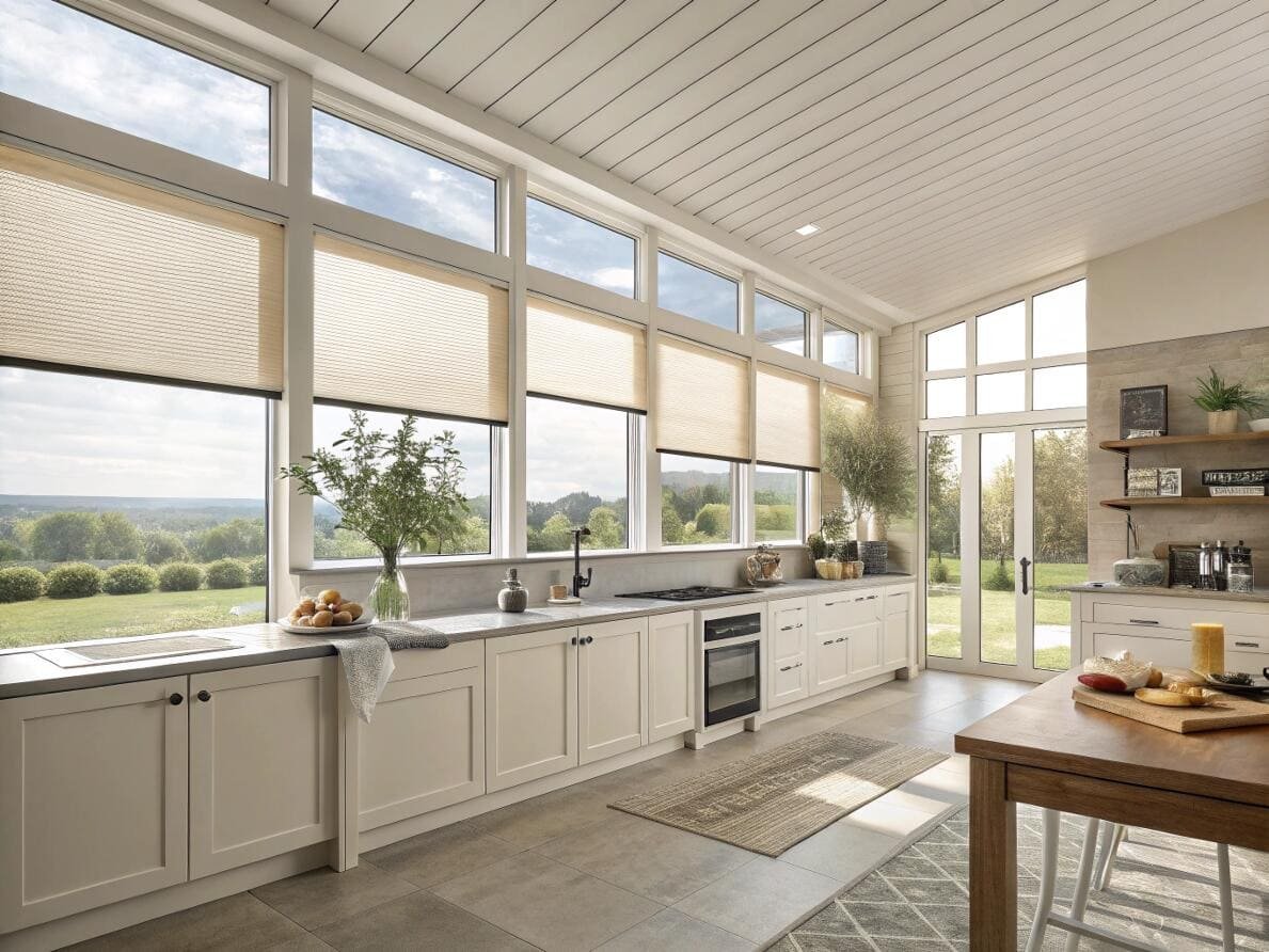 Kitchen with energy-efficient top-down bottom-up cellular shades for insulating large windows.